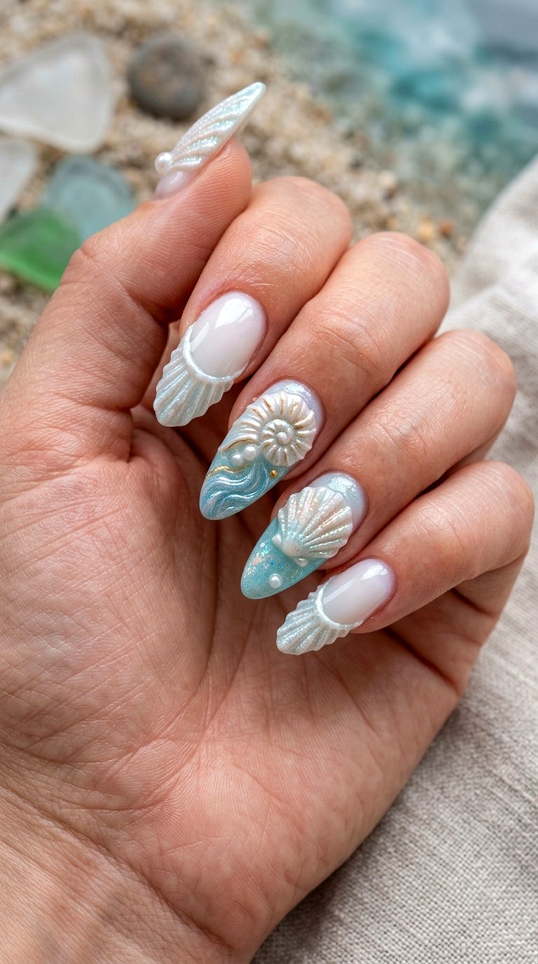 D Seashell French Tips Nails - 20 3D Ocean nails idea