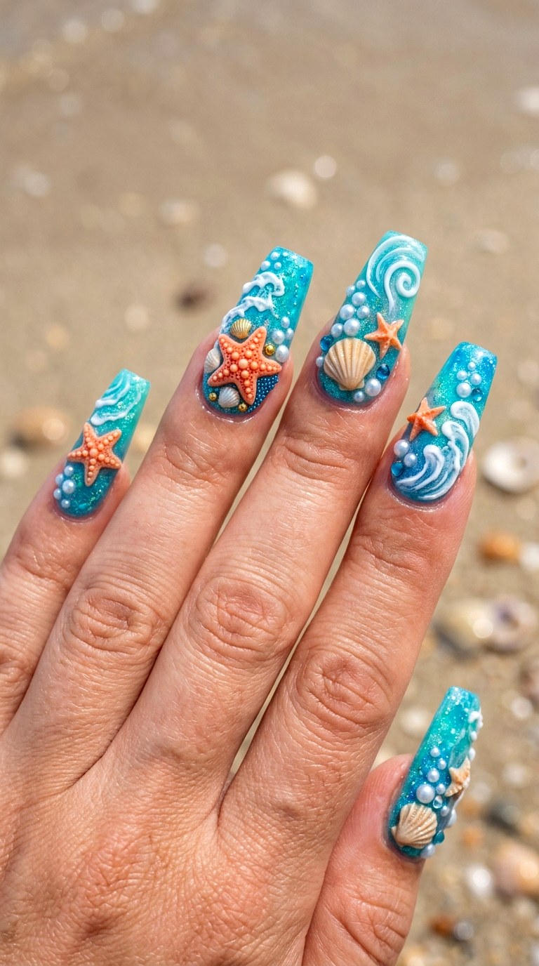 D Starfish Beach Nails - 20 3D Ocean nails idea