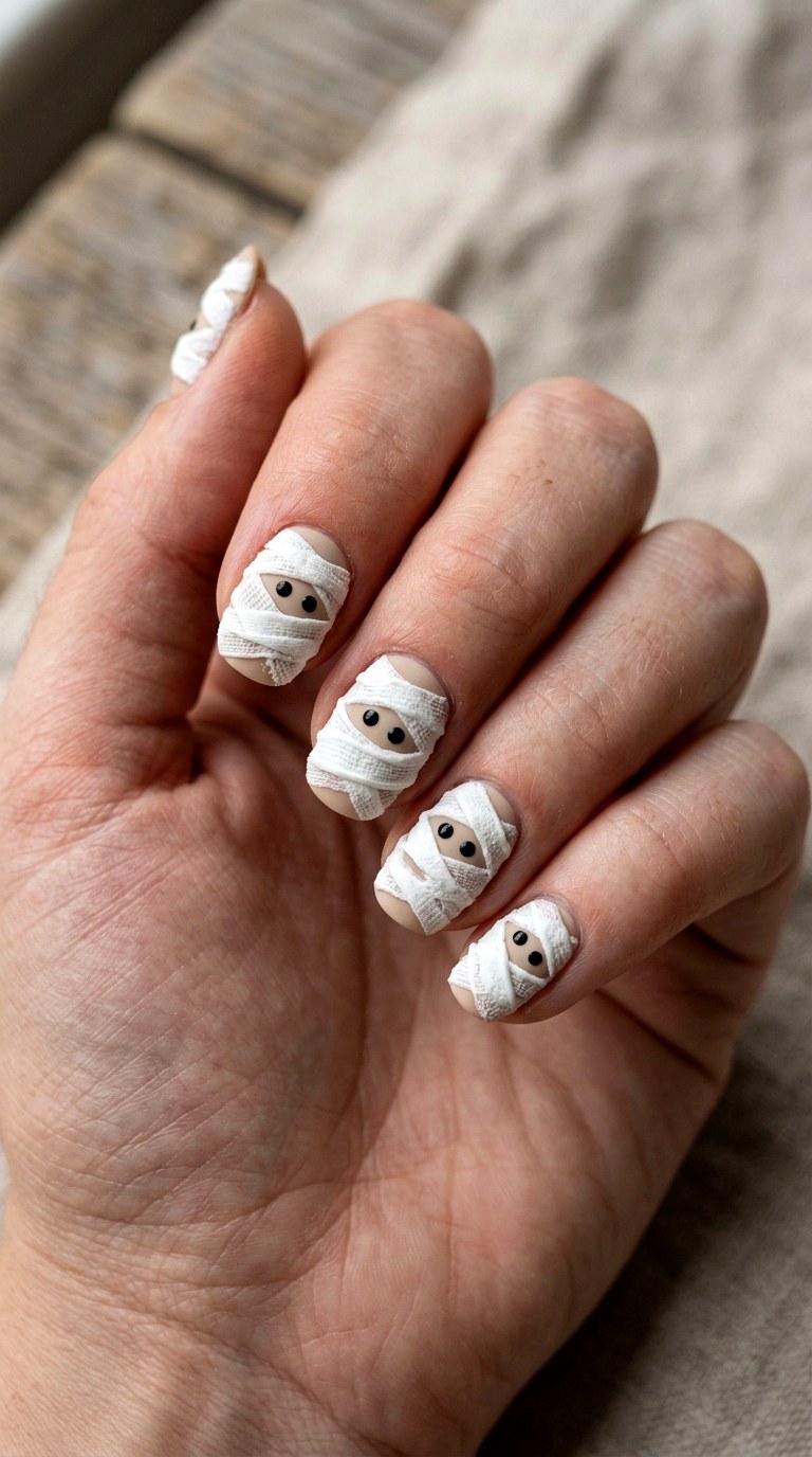 D Texture Mummy Nails - 21 halloween nail inspo ideas