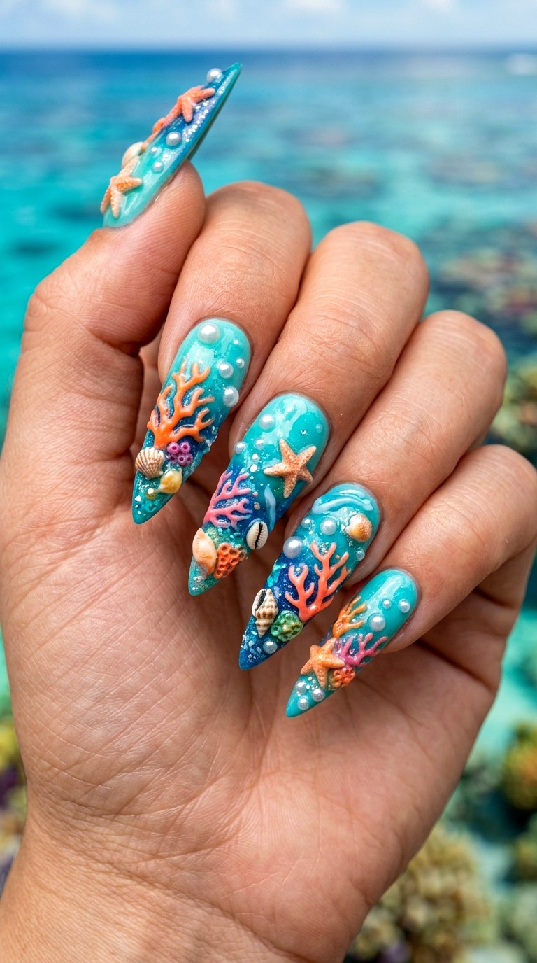 D Tropical Reef Nails - 20 3D Ocean nails idea