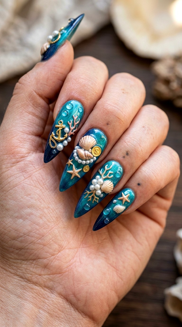 D Underwater Treasure Nails - 20 3D Ocean nails idea