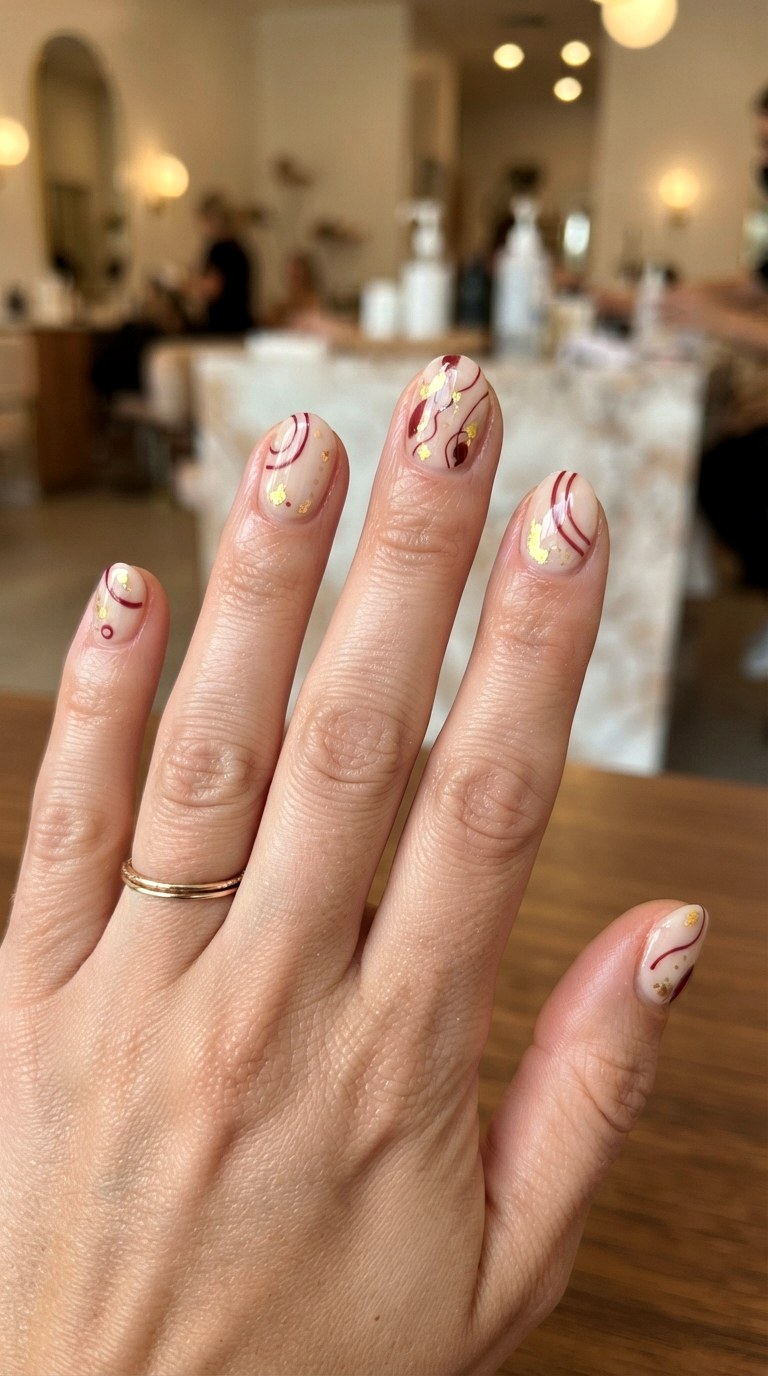 Abstract Burgundy Oval Art - 24 oval short nail ideas