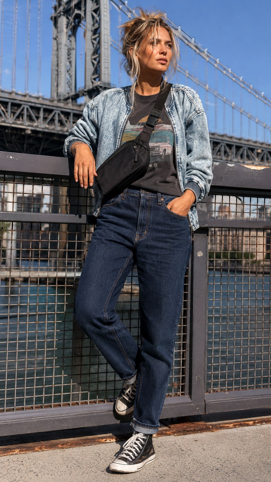 Acid Wash Denim Bomber Straight Jeans - 20 Double Denim Outfit Ideas