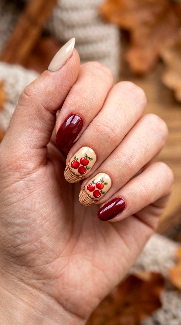 Apple Basket Accent Nails - 20 apple whimsical nail design ideas