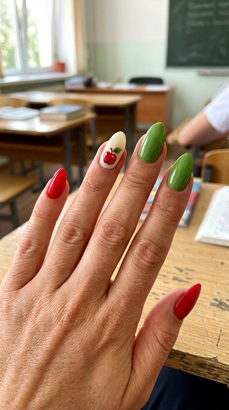 Apple Green and Red Nails - 25 back to school nail ideas