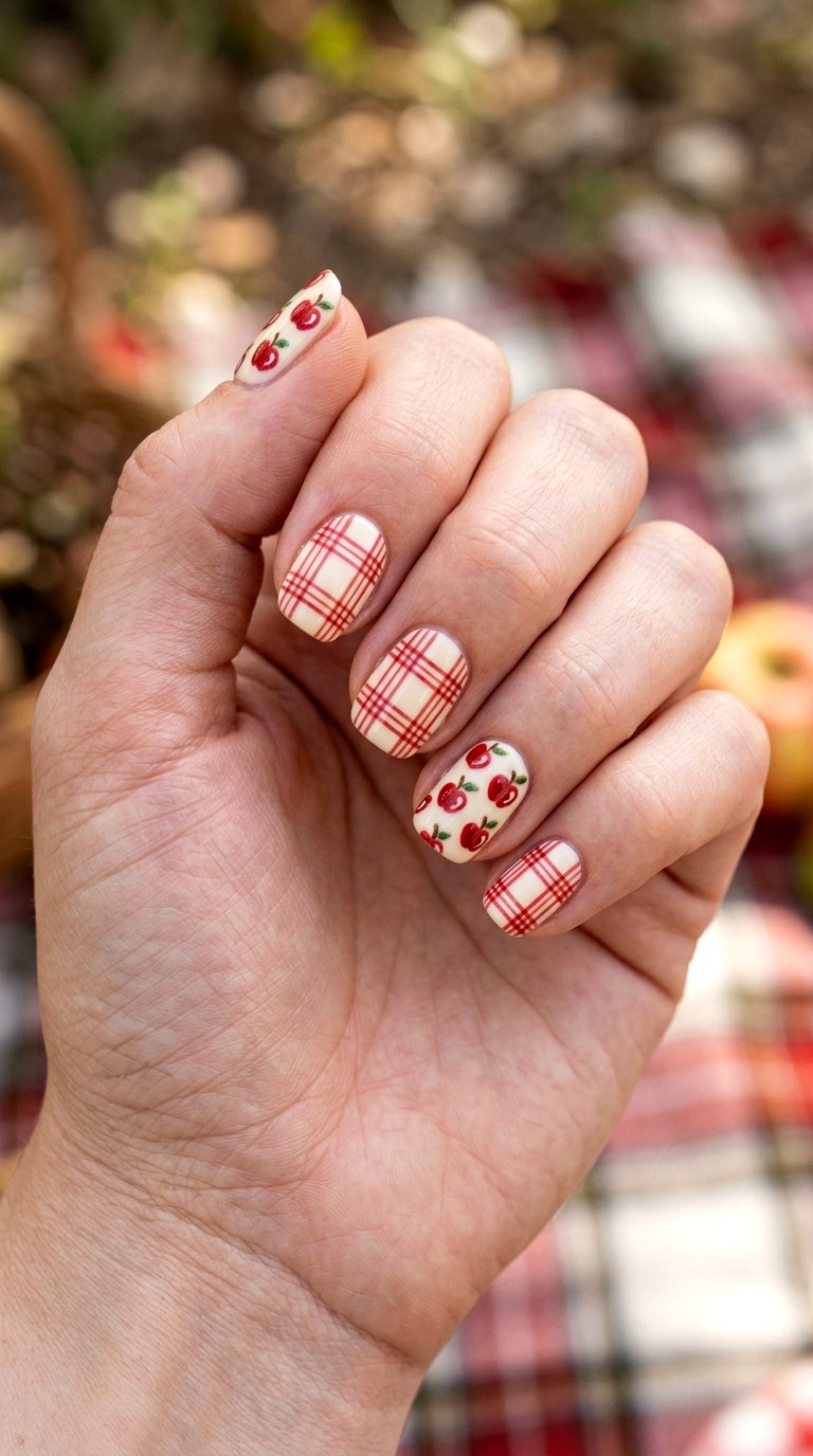 Apple Picnic Plaid - 20 apple whimsical nail design ideas