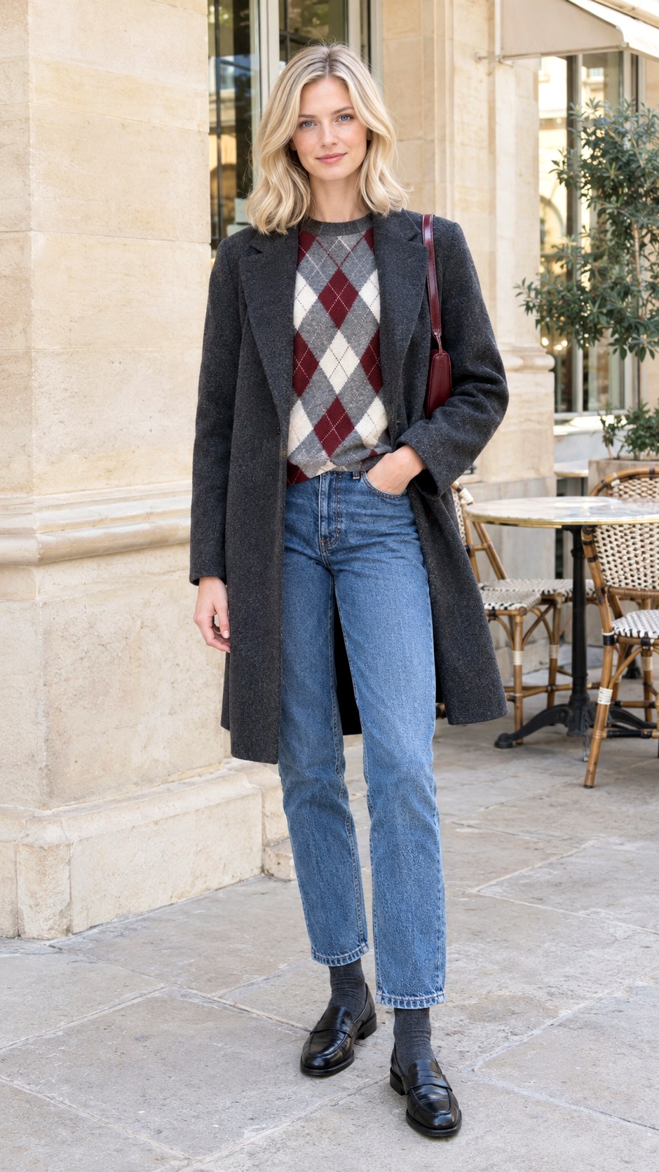 Argyle Sweater With Cuffed Jeans - 20 autumn outfit ideas