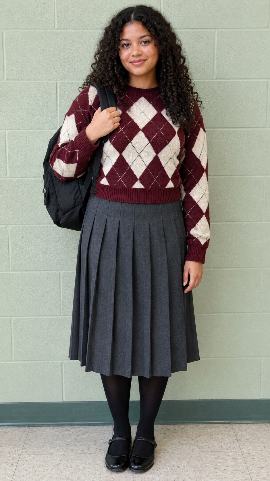 Argyle Sweater With Pleated Midi Skirt - 20 fall outfits for school