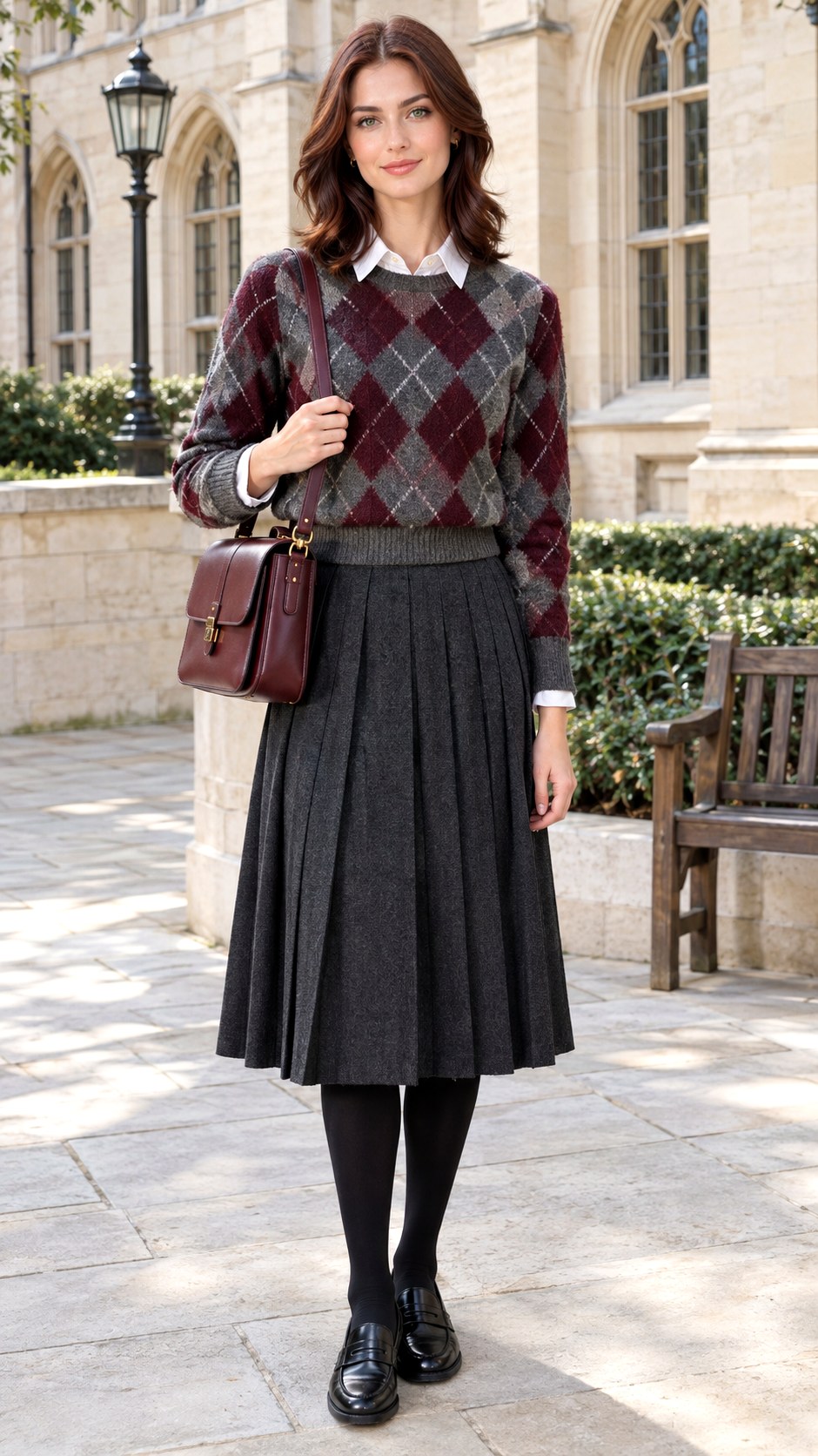 Argyle Sweater With Pleated Midi Skirt - 20 autumn outfits 2026