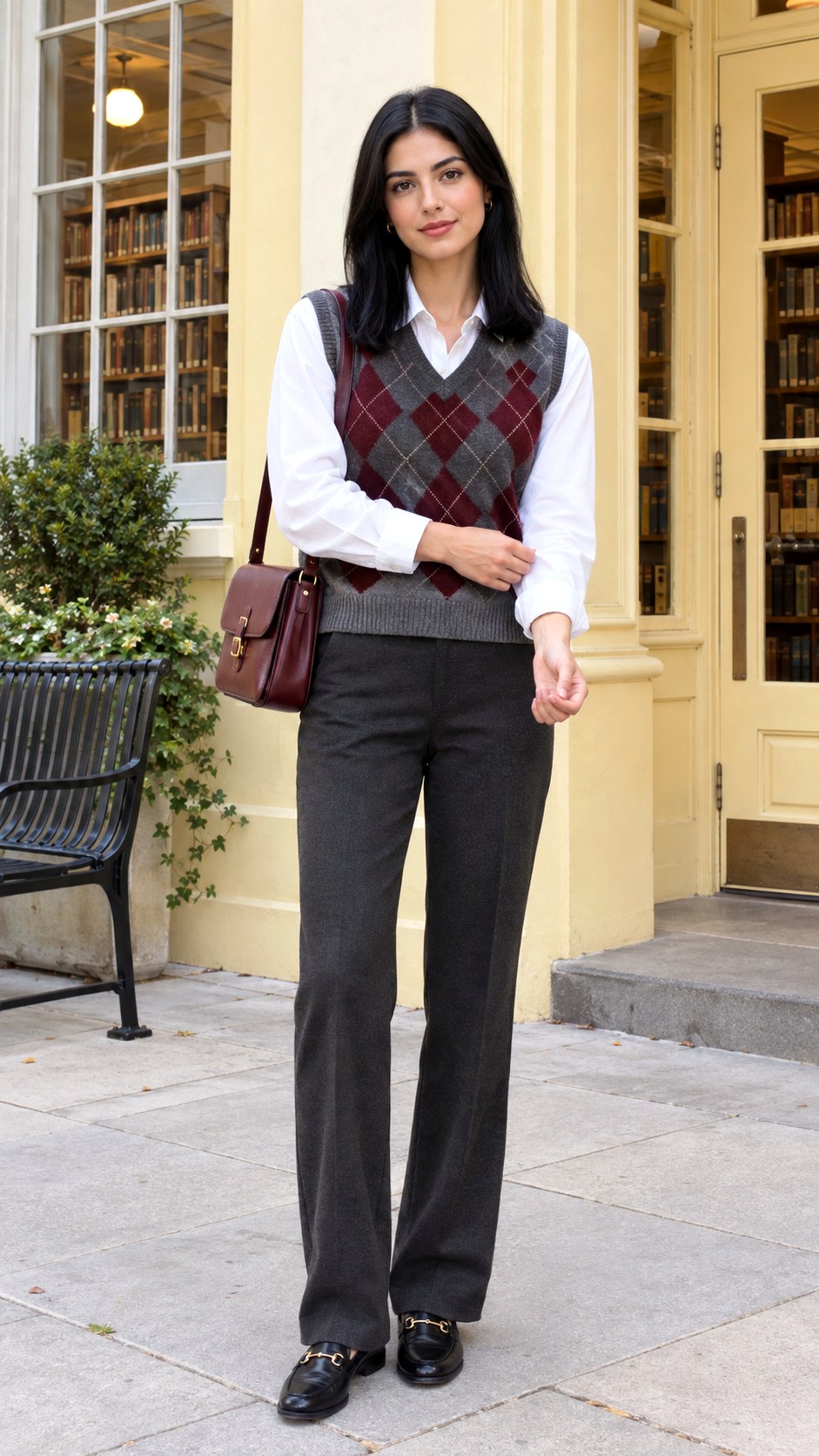 Argyle Vest With Collared Shirt - 20 autumn aesthetic outfit ideas