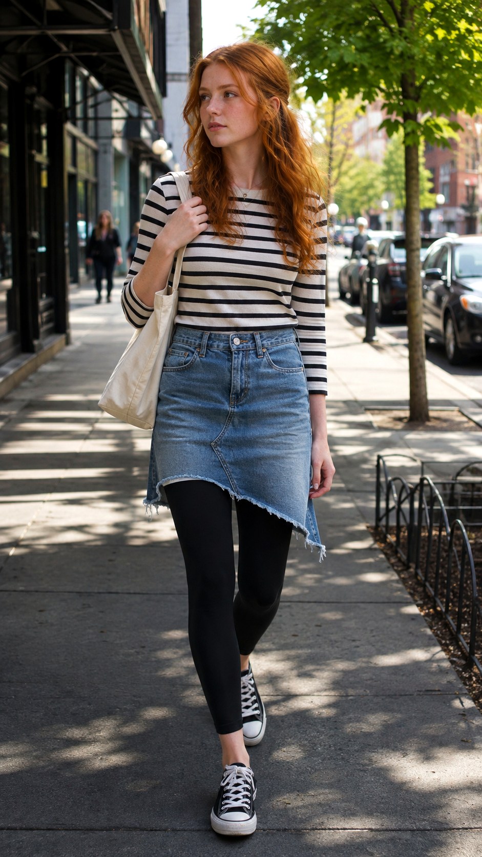 Asymmetrical Denim Skirt with Black Leggings - 25 Skirt with Black Leggings Ideas