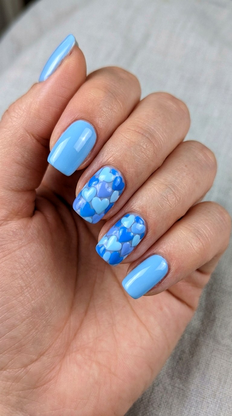 Baby Blue Heart Accent Nails - 21 soft blue hearts nail art inspiration ideas