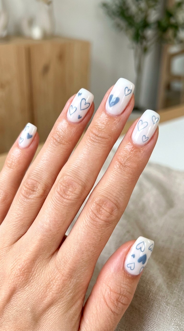 Baby Blue Heart Outline Nails - 21 soft blue hearts nail art inspiration ideas