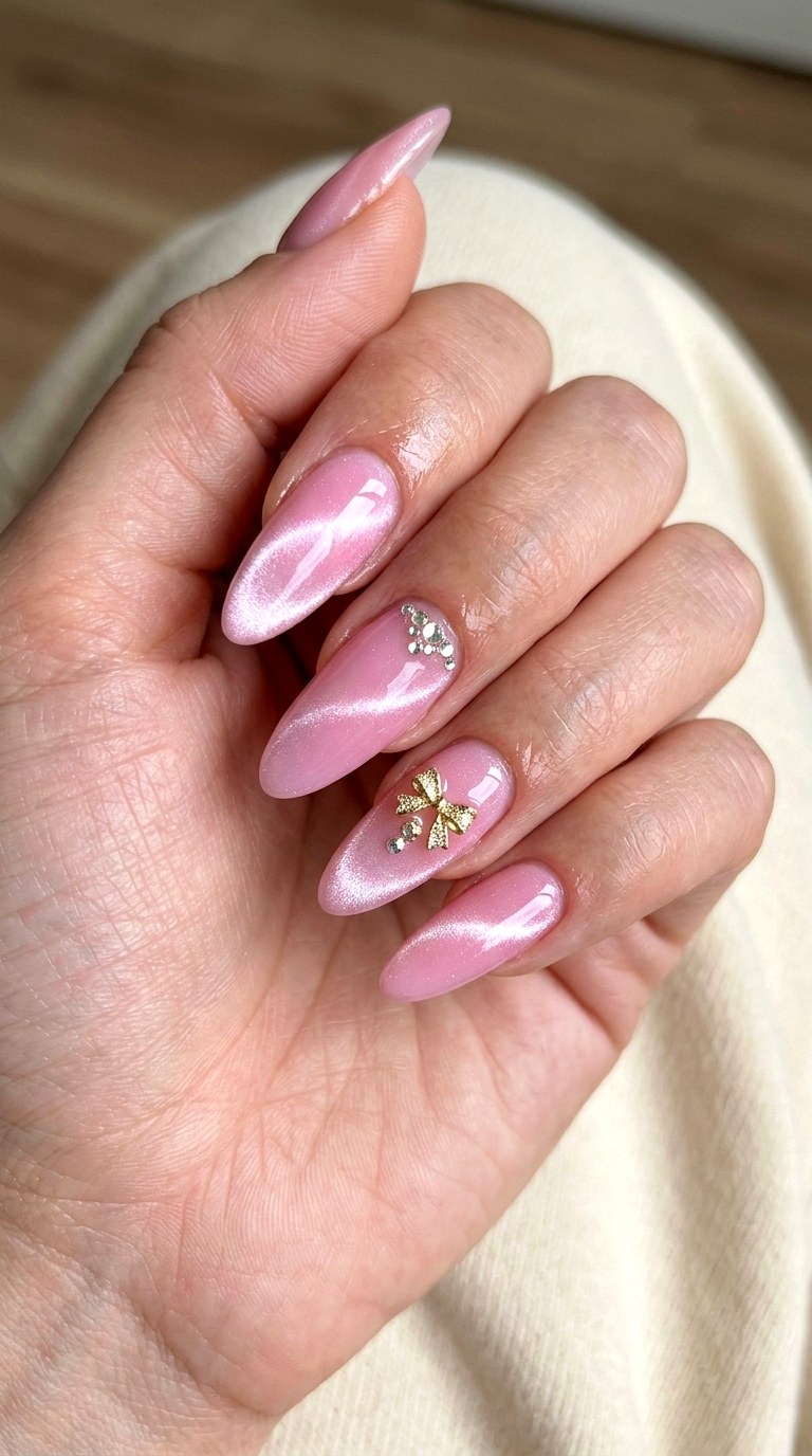 Baby Pink Cat Eye Glam - 23 girly acrylic nail ideas