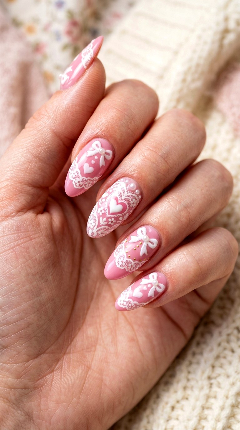 Baby Pink Lace Hearts - 21 coquelte lace nail ideas