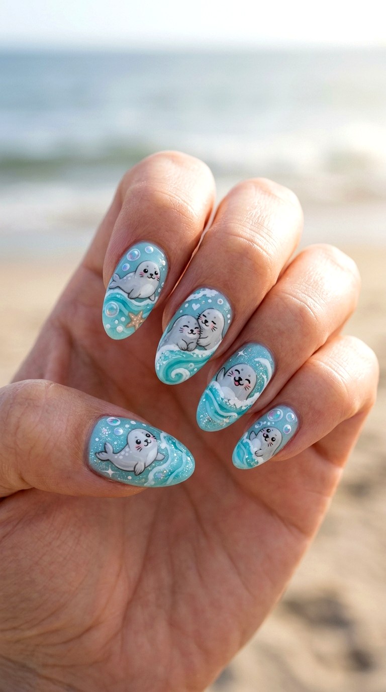 Baby Seal Ocean Dream Nails - 22 little seals cute kawaii nail ideas