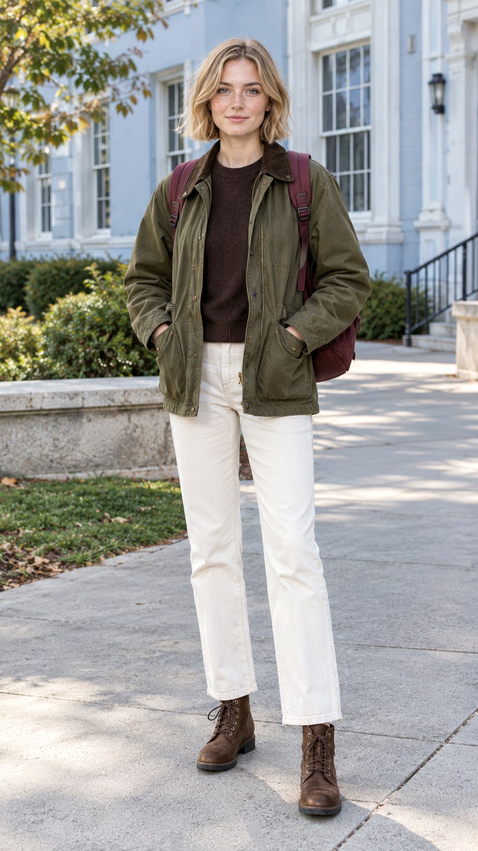 Barn Jacket With Cream Jeans - 20 fall outfits for school