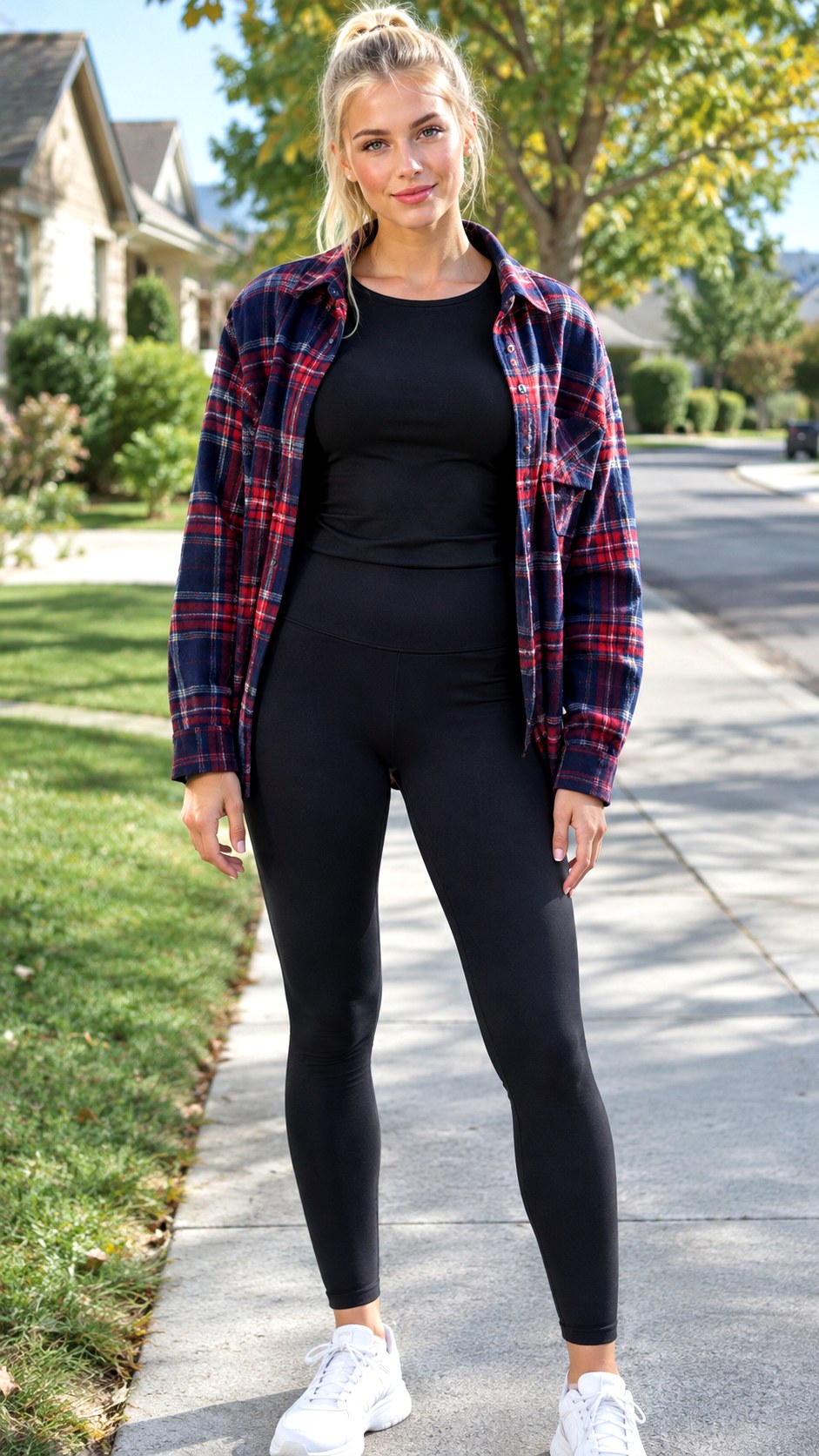 Basic Long Sleeve Tee And Leggings With Plaid Shacket - 23 plaid shacket outfit women ideas