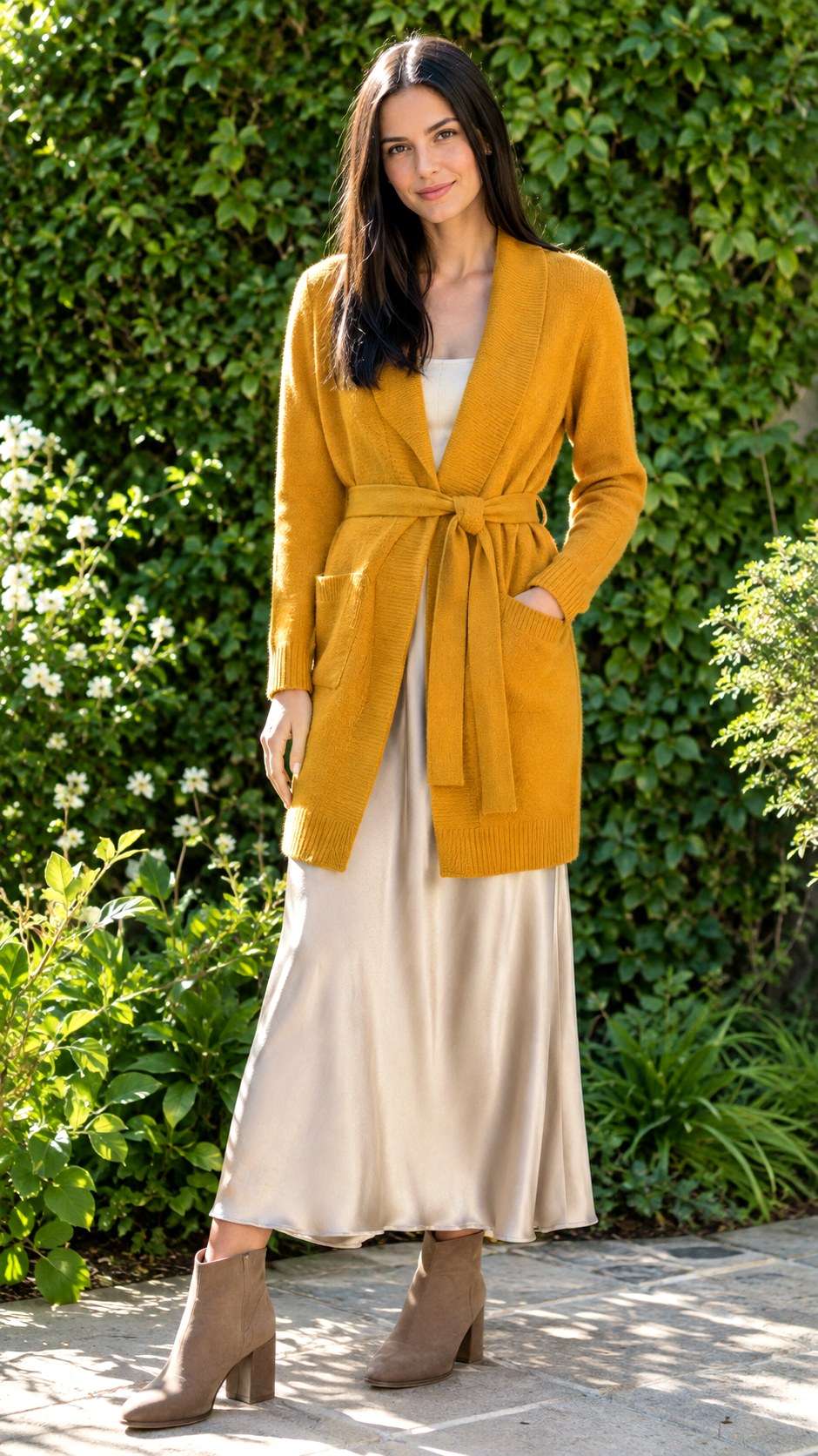 Belted Cardigan Over Slip Skirt - 23 fall fashion outfit ideas