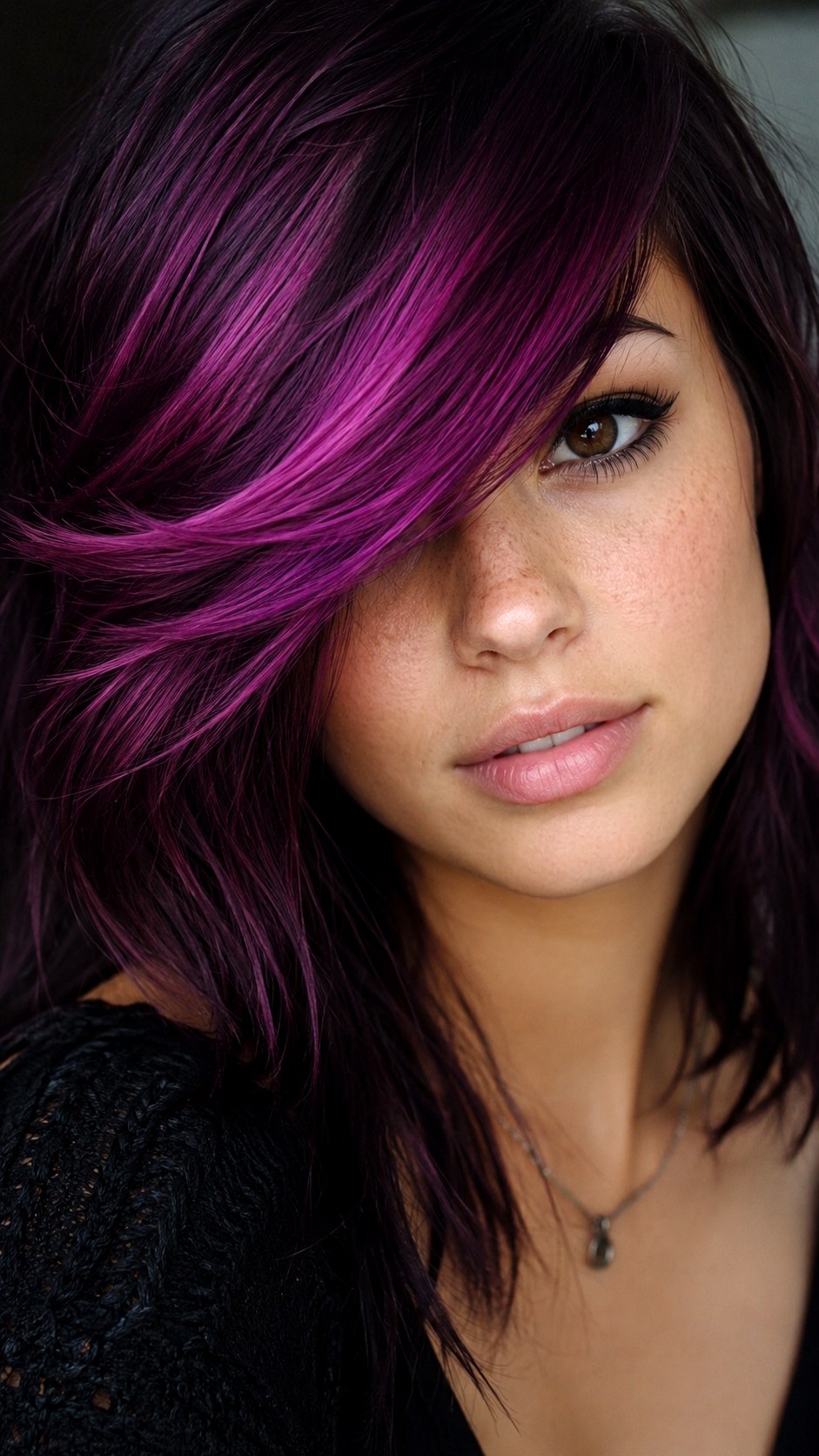 Berry Violet Side Swept Bangs - 24 violet hair color ideas