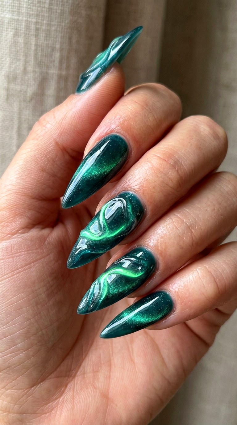 Bioluminescent Green Ripples Nails - 23 3d green ripple nail art inspiration ideas