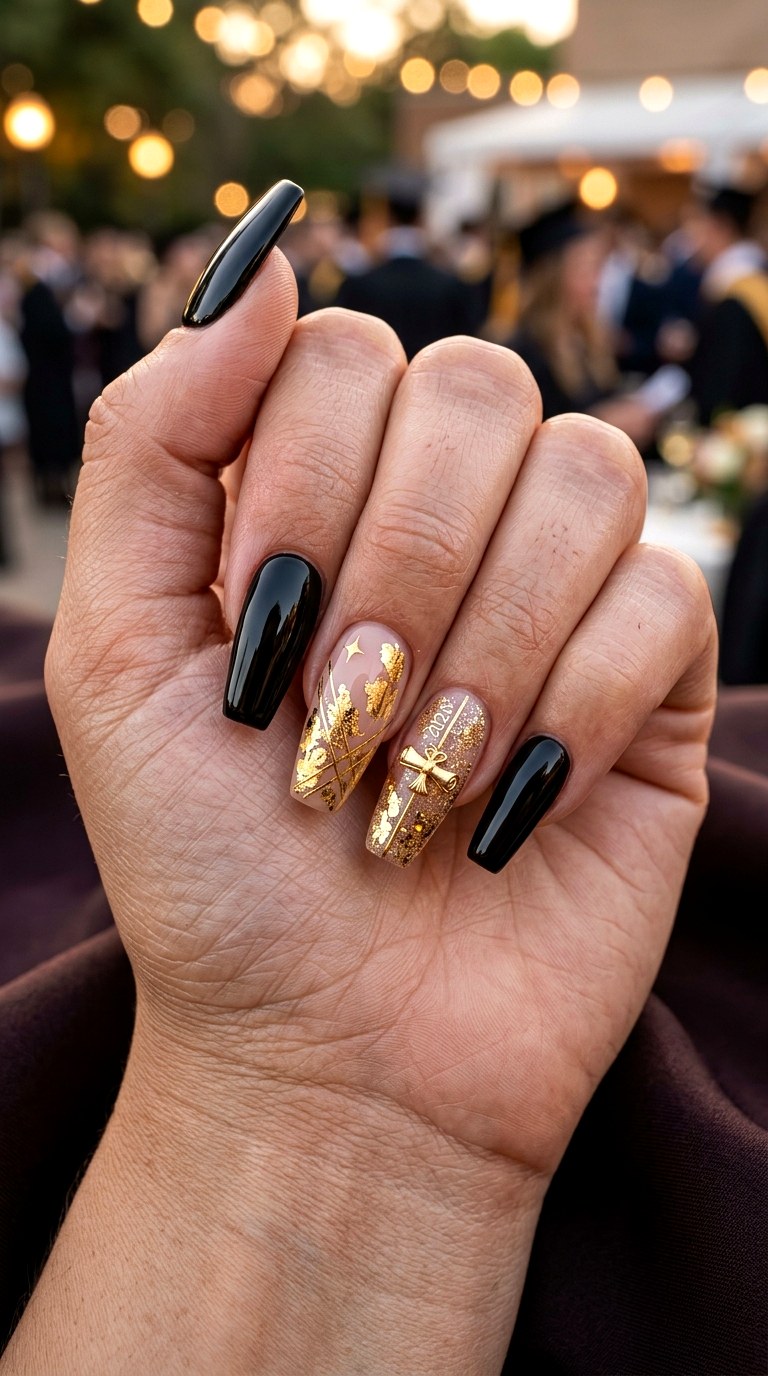 Black And Gold Glam Nails - 25 graduation Nail art inspiration ideas