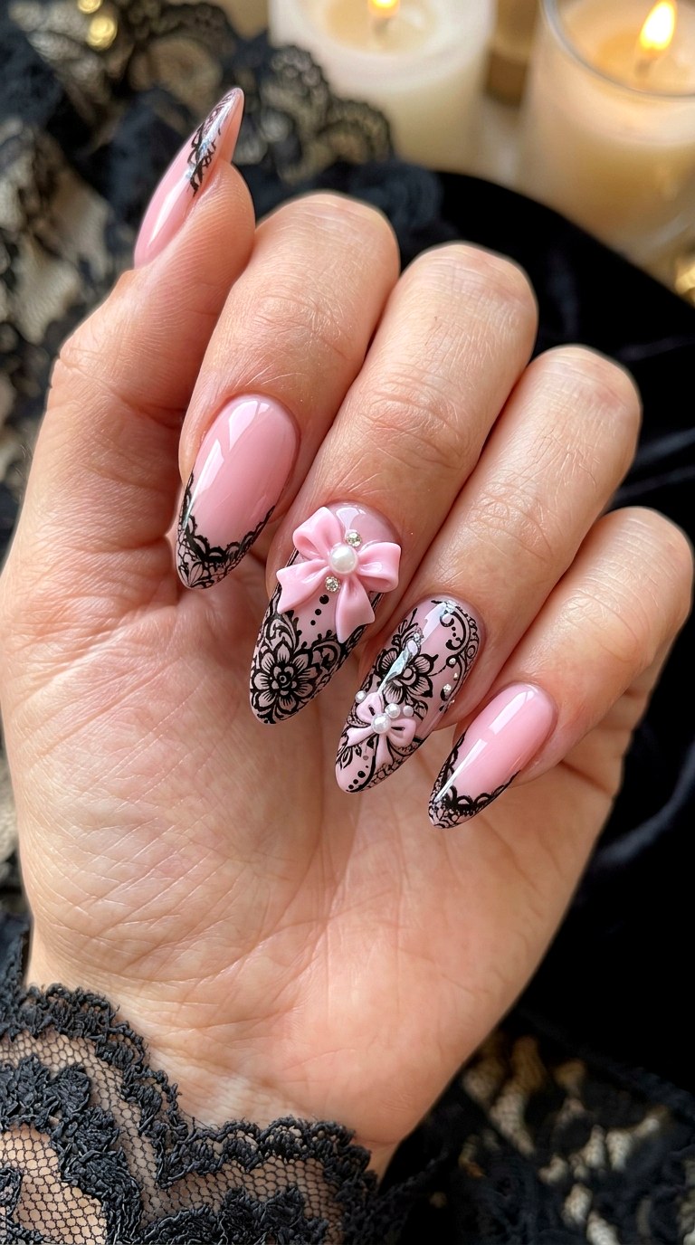 Black And Pink Lace Bows - 21 coquelte lace nail ideas