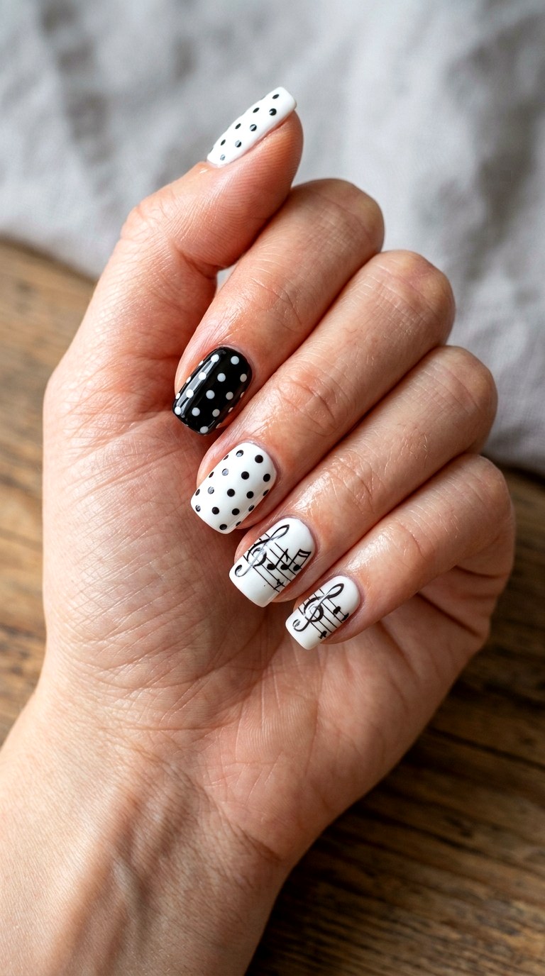Black And White Piano Vibe - 20 polka dots musical notes Nail design ideas