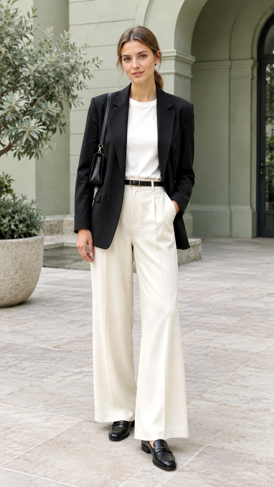 Black Blazer With Cream Wide Leg Trousers - 20 fall capsule wardrobe ideas