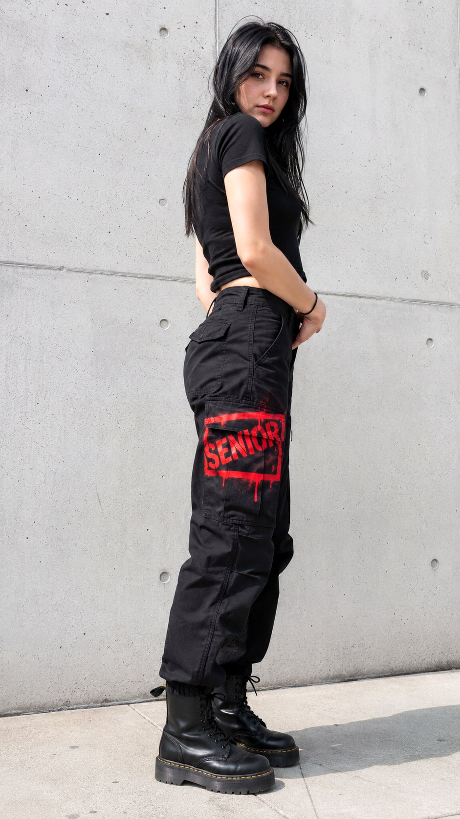 Black Cargo and Red Accents - 25 varsity font stenciled senior pants