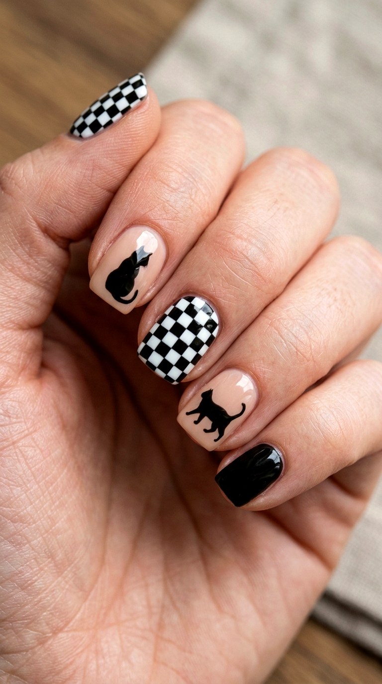 Black Cat Checkerboard Mix Nails - 23 black cat short nail design ideas