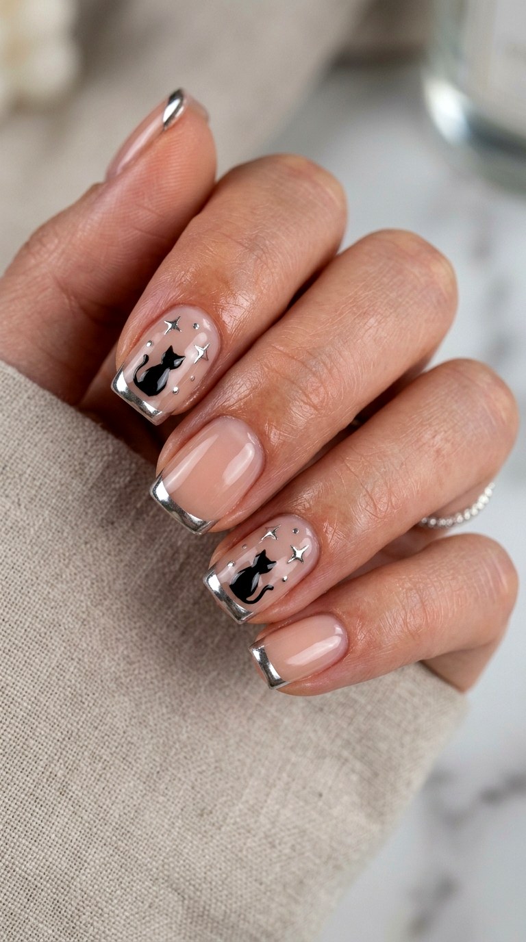 Black Cat Chrome Accents Nails - 23 black cat short nail design ideas
