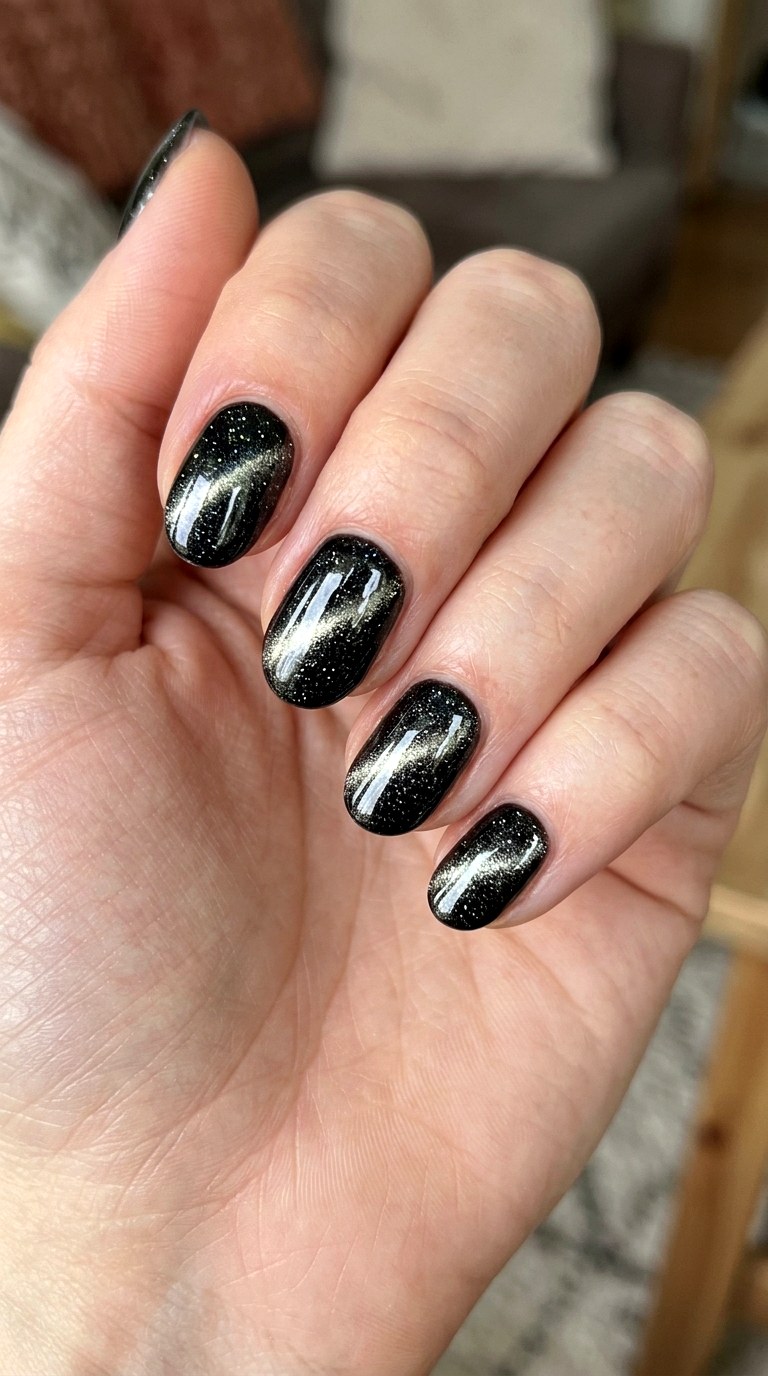 Black Cat Eye Shimmer Nails - 23 black cat short nail design ideas