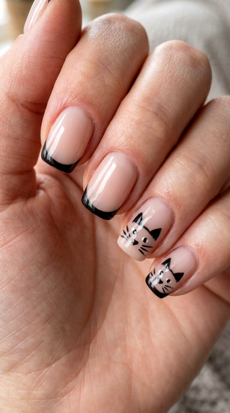 Black Cat French Tips Nails - 23 black cat short nail design ideas