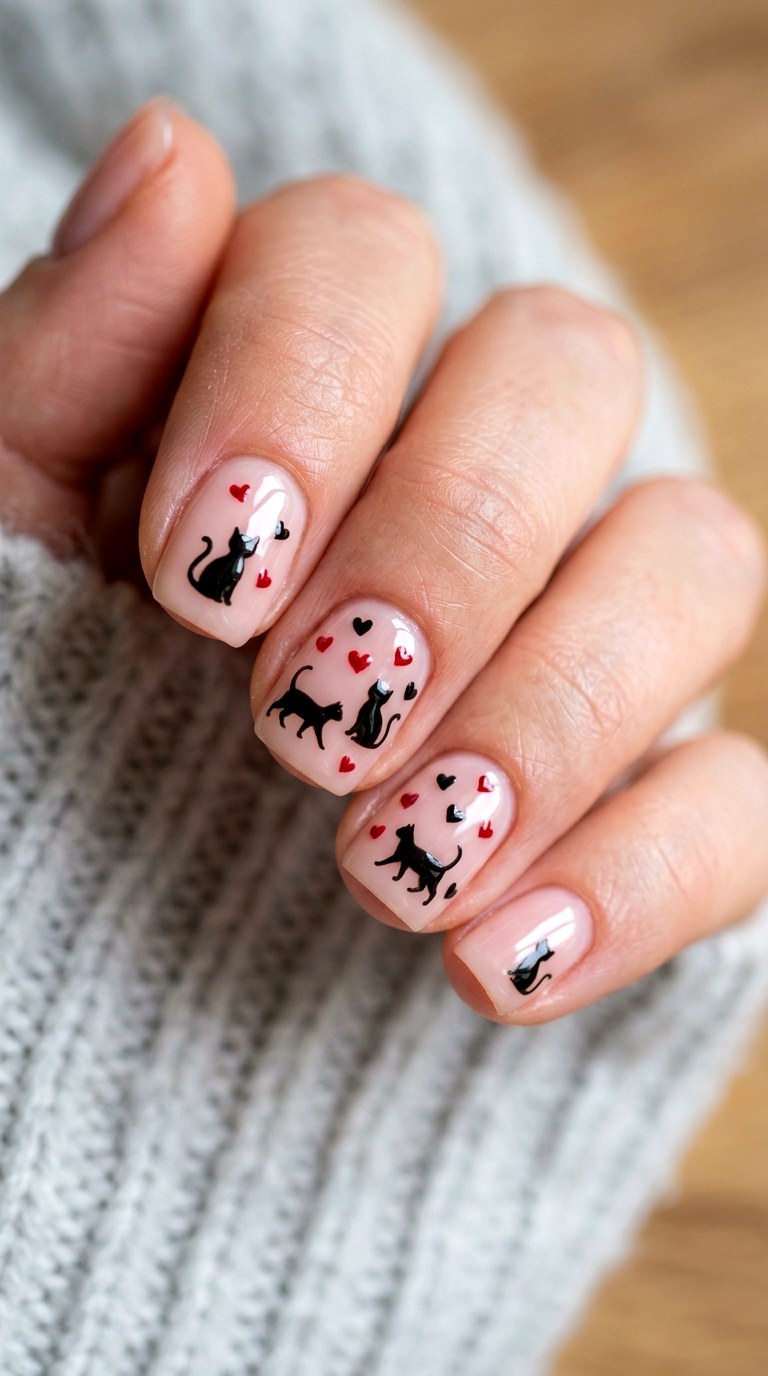 Black Cat Heart Details Nails - 23 black cat short nail design ideas