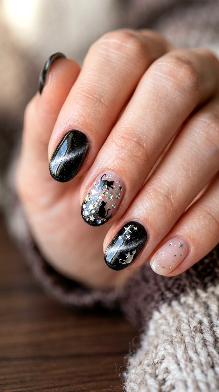 Black Cat Jewel Glow Nails - 23 black cat short nail design ideas