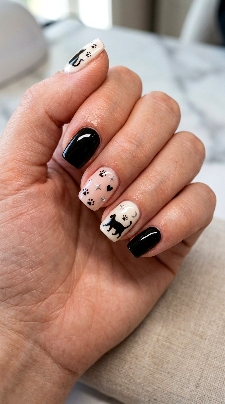 Black Cat Mismatch Manicure Nails - 23 black cat short nail design ideas