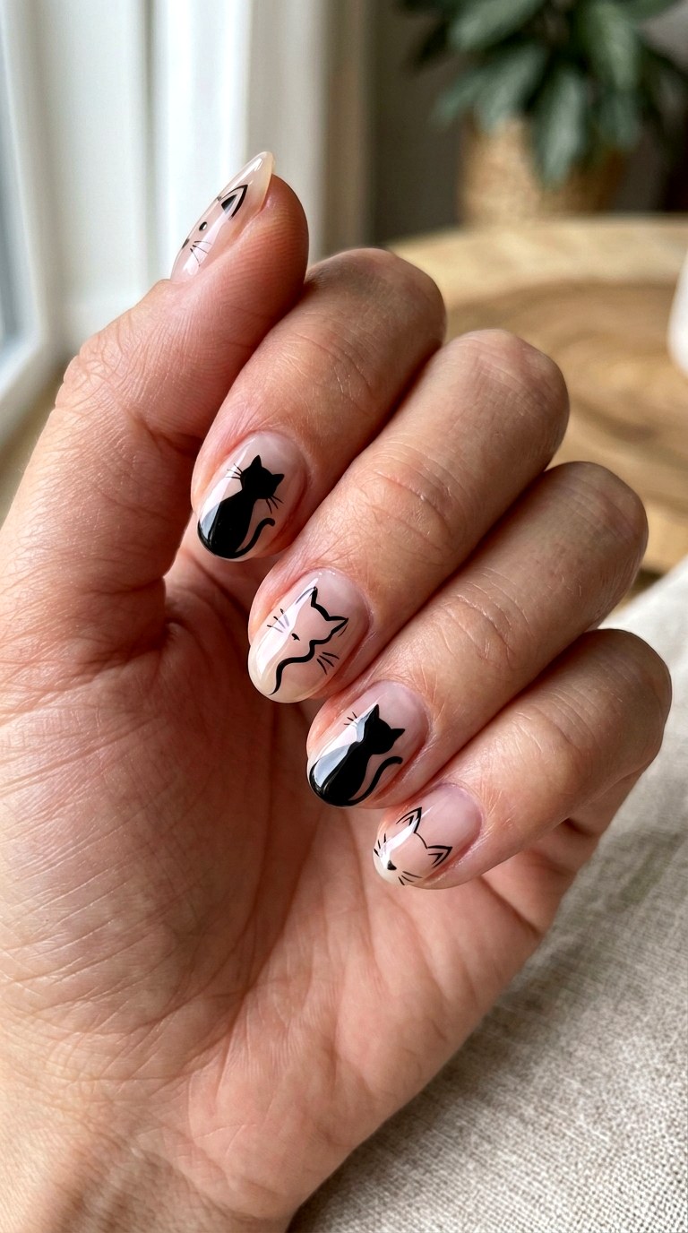 Black Cat Negative Space Nails - 23 black cat short nail design ideas