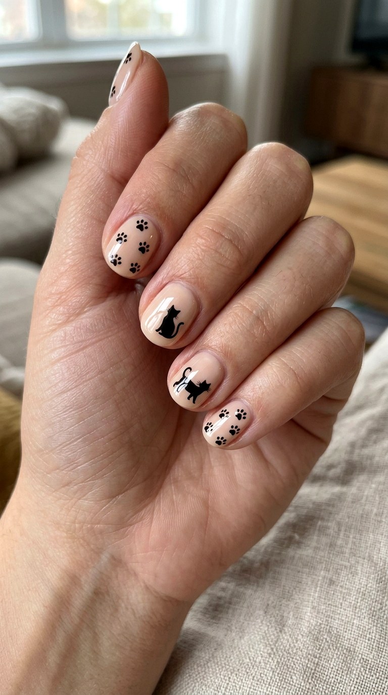 Black Cat Paw Prints Nails - 23 black cat short nail design ideas