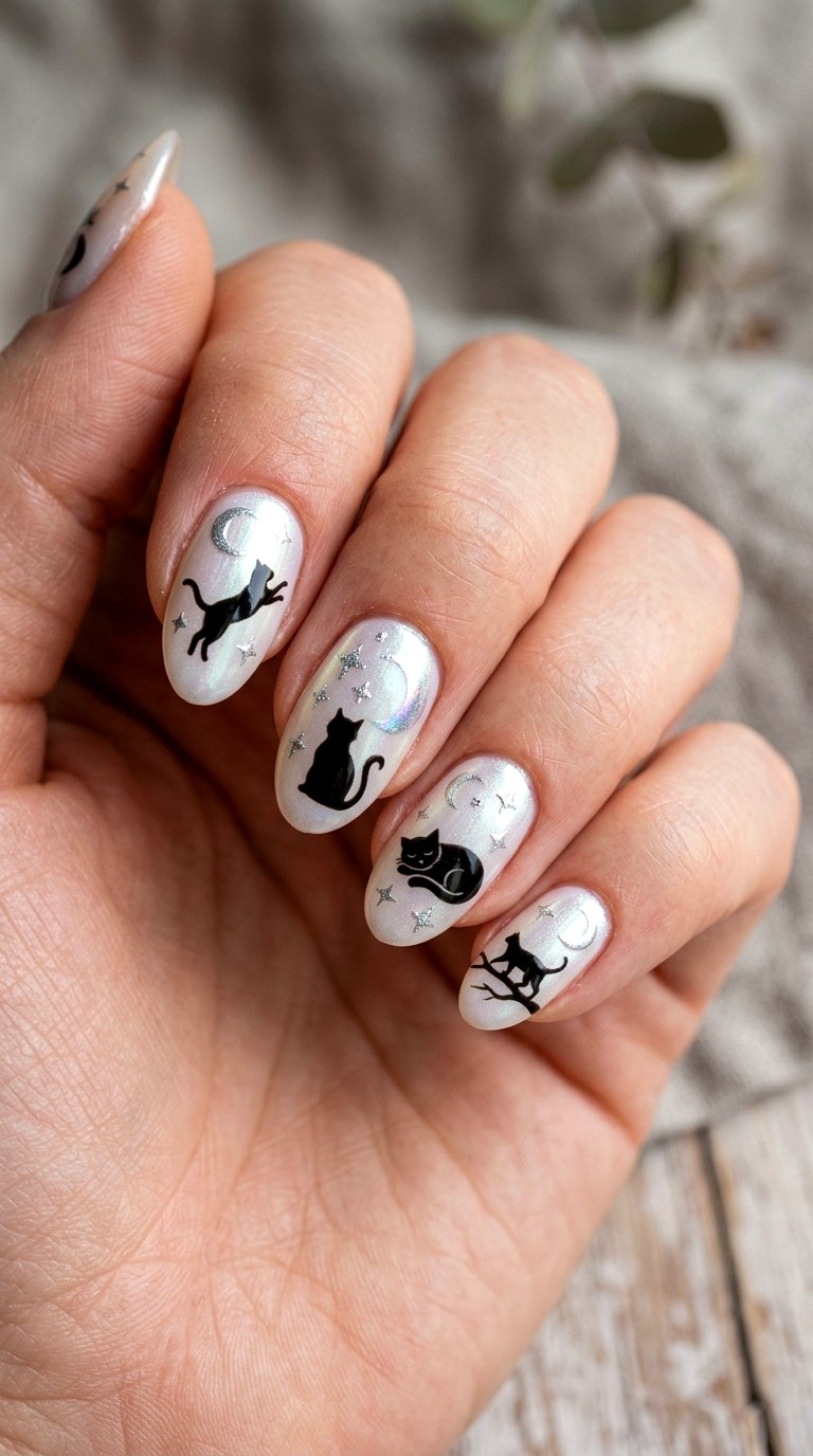 Black Cat Silhouette Halloween Nails - 20 halloween nail art ideas