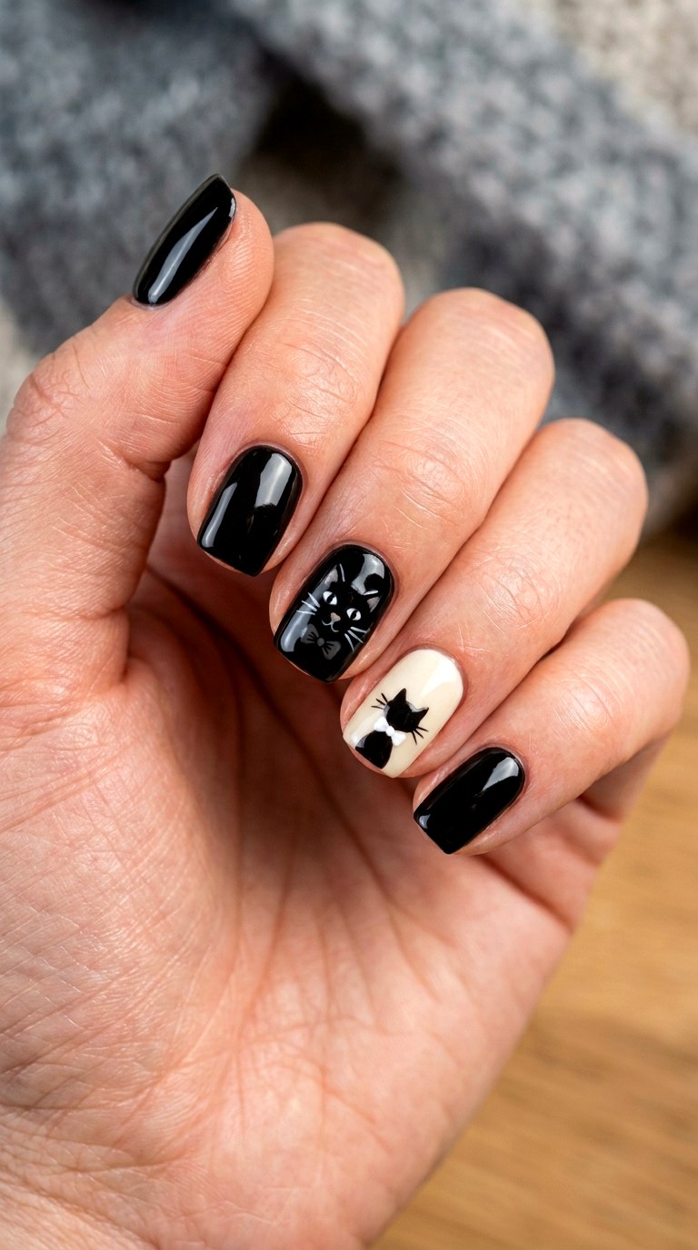 Black Cat Tuxedo Nails - 23 black cat short nail design ideas