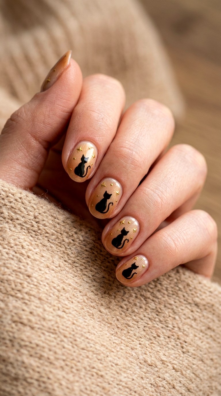 Black Cat With Gold Stars Nails - 23 black cat short nail design ideas