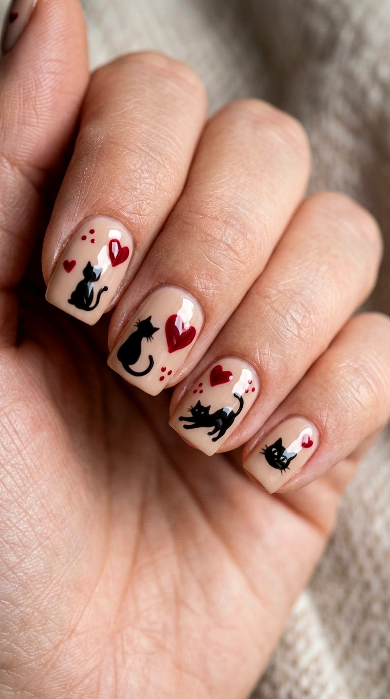 Black Cat With Red Details Nails - 23 black cat short nail design ideas