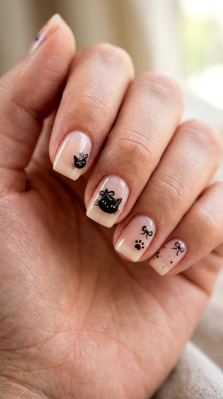 Black Cat With Tiny Bows Nails - 23 black cat short nail design ideas