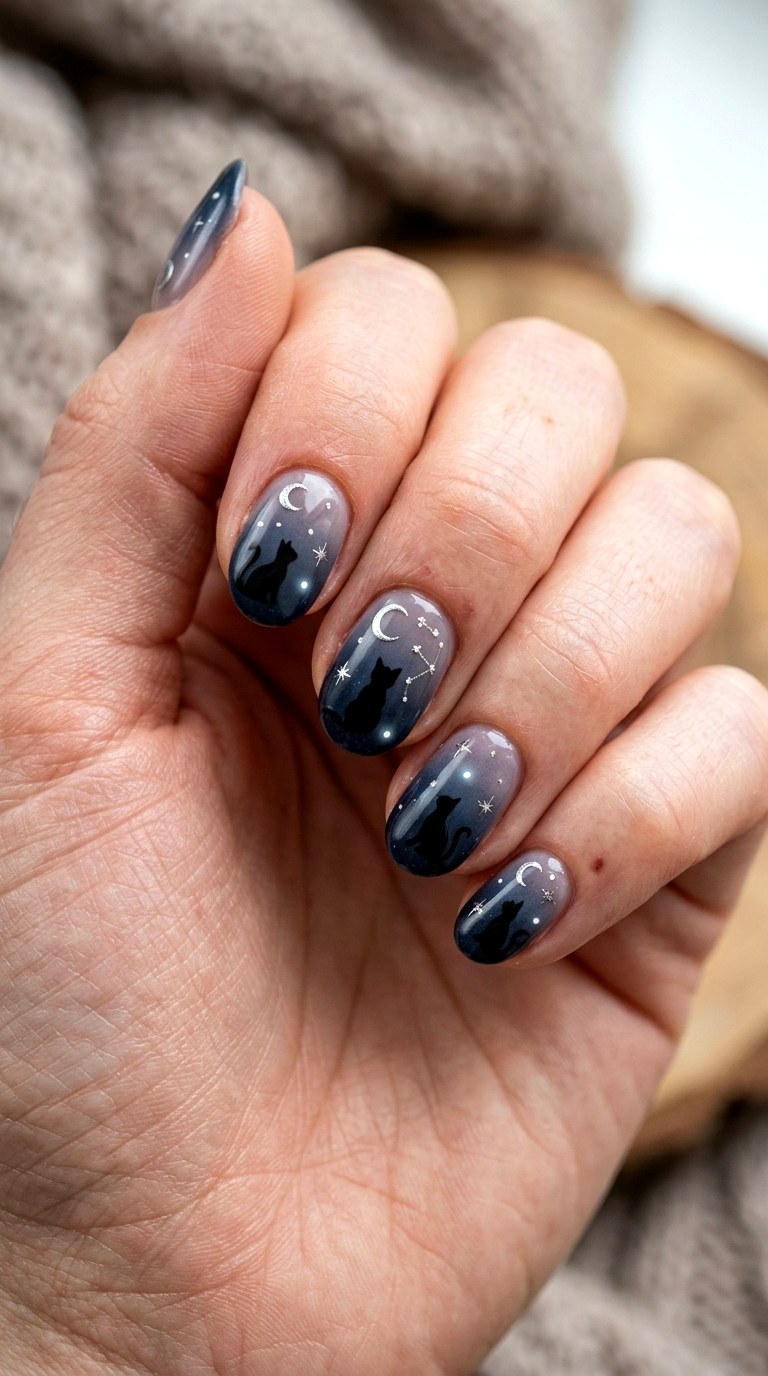 Black Cat and Moon Nails - 23 black cat short nail design ideas