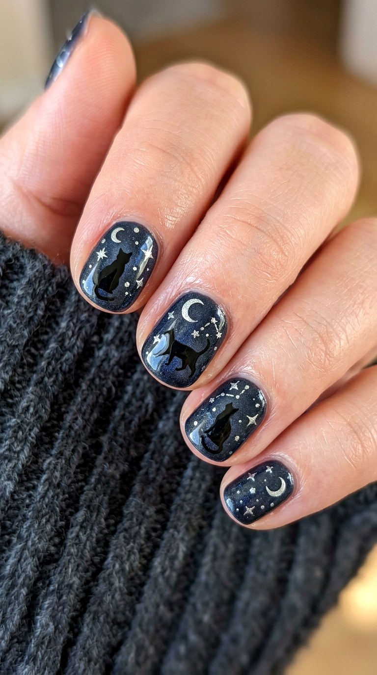 Black Cats and Silver Stars Nails - 23 black cat short nail design ideas