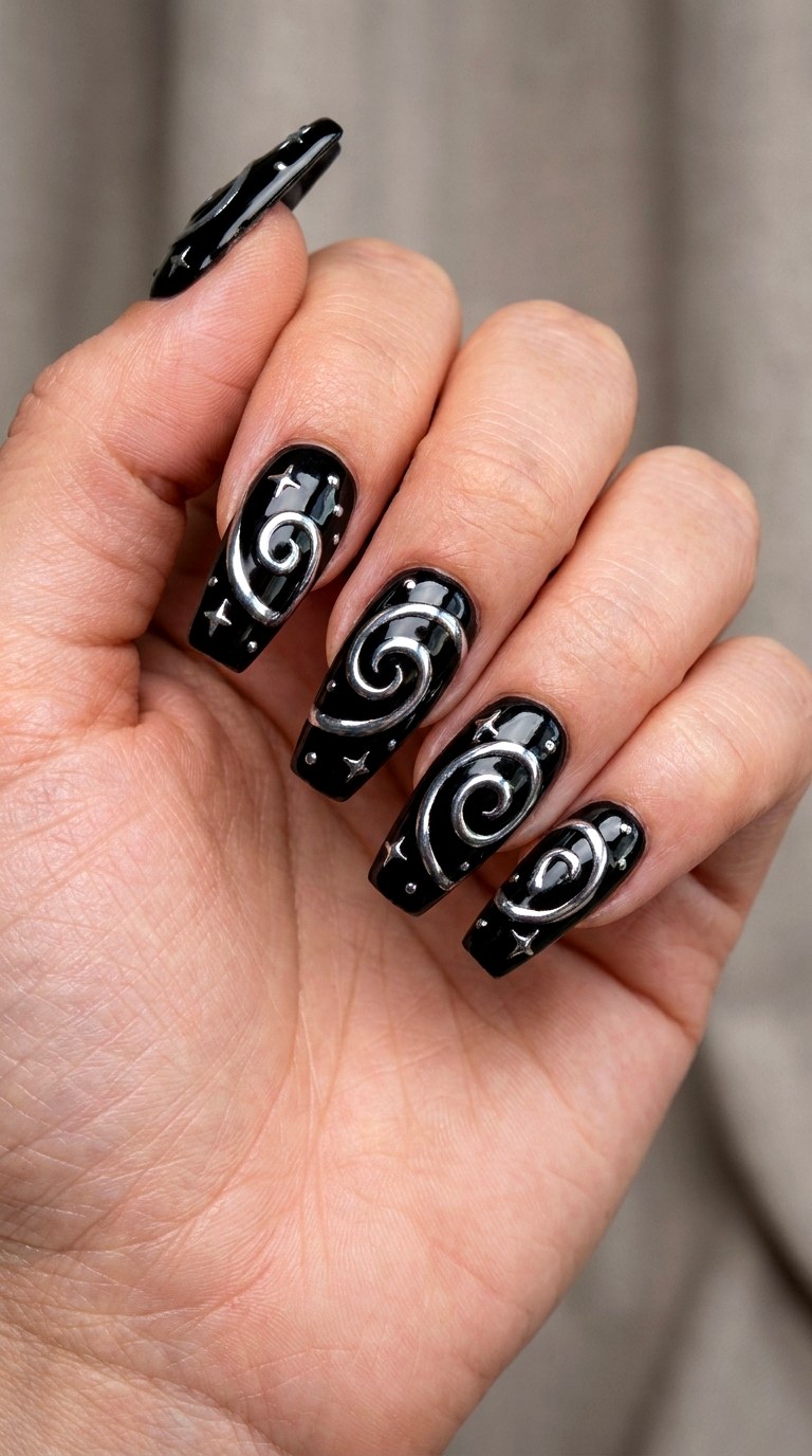 Black Chrome Starry Spirals - 25 magical starry swirl nail ideas