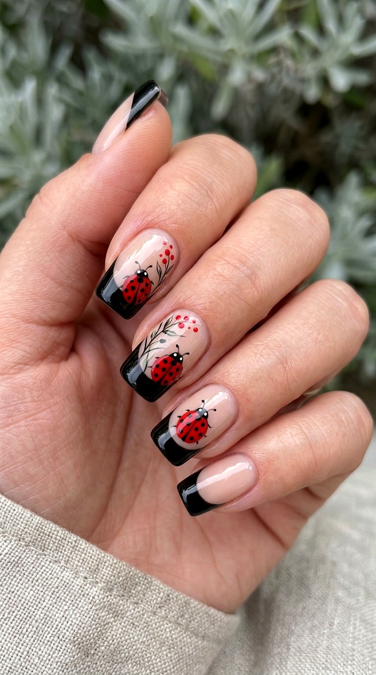 Black French Ladybug Nails - 22 Trendy ladybug nail ideas