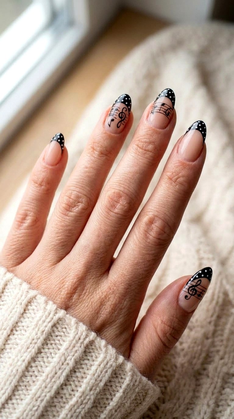 Black French Music Accents - 20 polka dots musical notes Nail design ideas