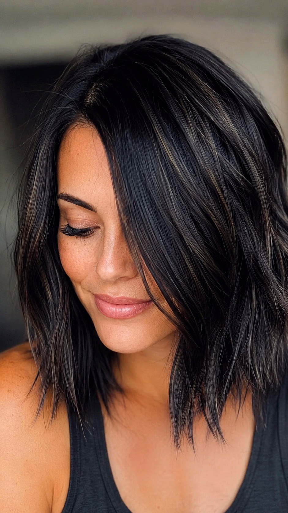 Black Highlights on Layered Lob - 23 black color highlights ideas